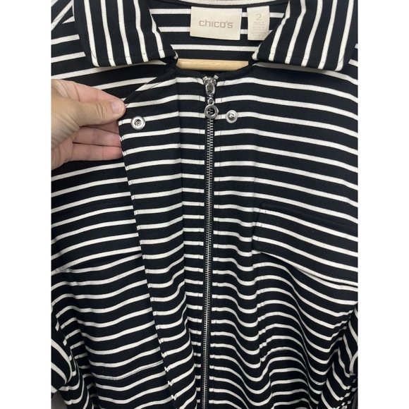 Chicos Sweatshirt Jacket Womens Size 2 Black White Stripe Zip Up Belt Collar L - Picture 6 of 10